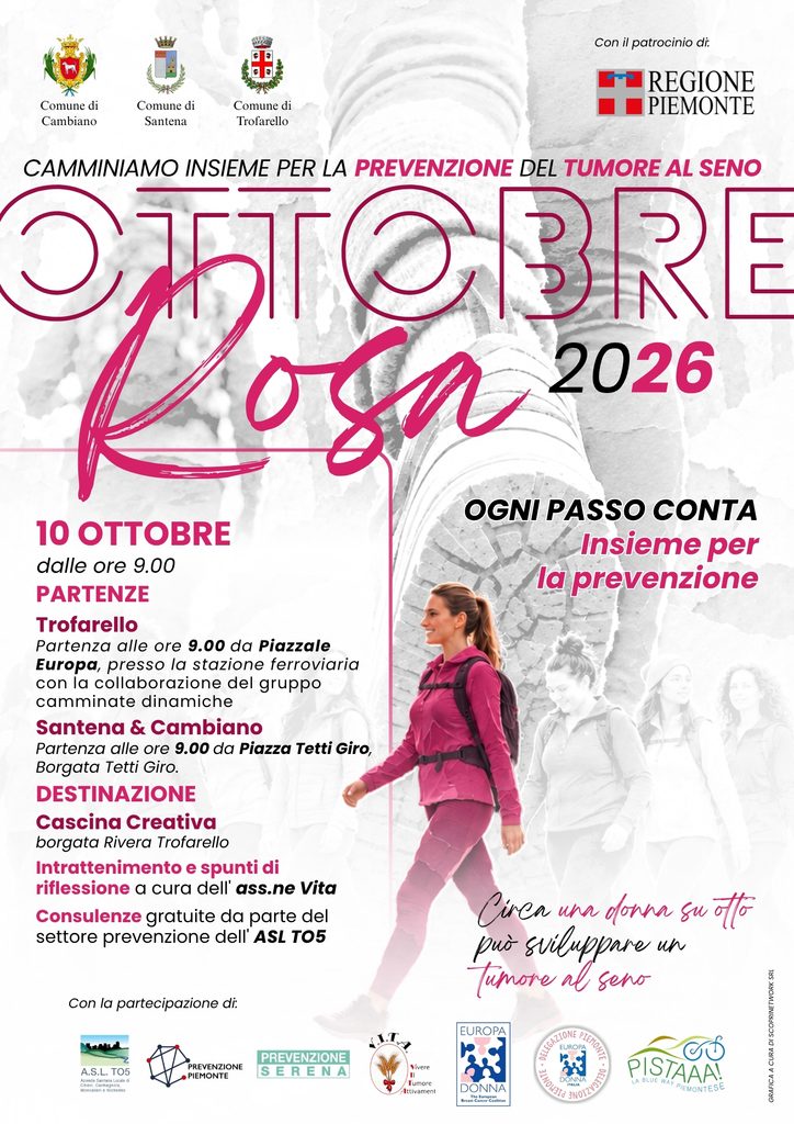 Locandina Ottobre Rosa 2026, camminata per la prevenzione del tumore al seno a Santena, Cambiano e Trofarello